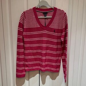 U.S. Polo Assn. Pink and White Striped V-Neck Sweater